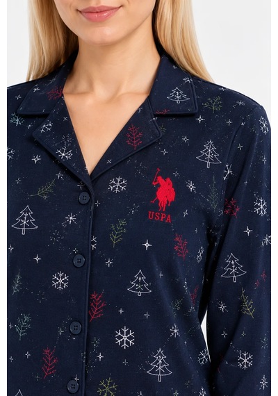 U.S. Polo Assn. Kadın %100 Pamuk Yılbaşı Temalı Pijama Takımı Lacivert