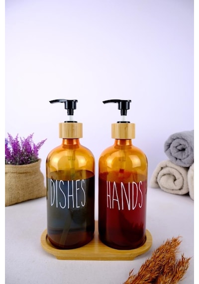 Digithome 2 Li Ahşap Standlı Cam Sıvı Sabun Ve Bulaşık Deterjanı Şişesi Sabunluk Amber 500 Ml - D/11 C1-1-289