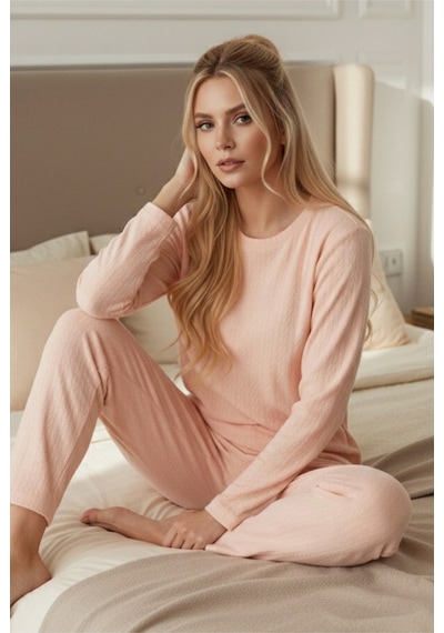 Siyah İnci Şardonlu Kışlık Örme Pijama Takım25226002 Somon