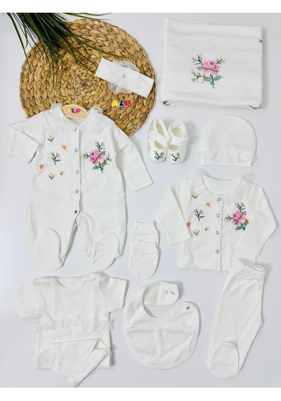 Alpbebe Kanaviçe Çiçek Nakışlı 10 Lu Hastane Çıkışı Set - Krem Krem