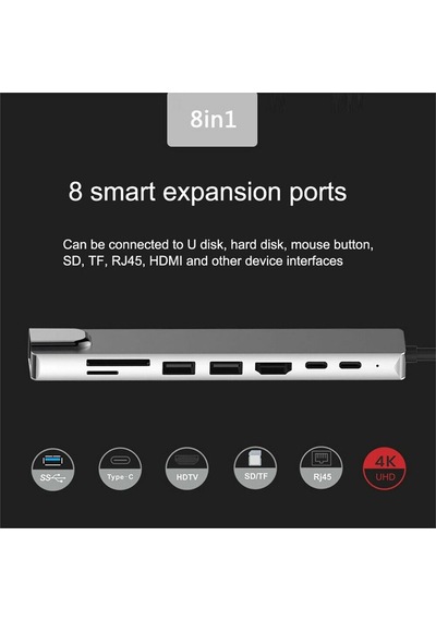 8 in 1 Type-C USB 3.0 Hub HDMI Ethernet Mikro SDTF OTG Adaptörü