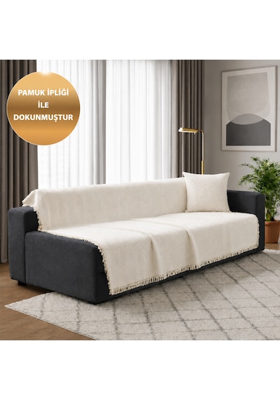 Sevhome Concept %100 Pamuk Kaymaz & Terletmez & Saçaklı & Yumuşak Koltuk Örtüsü-tek Ve Çift Kişilik Koltuklar İçin- 170 X 200 Cm Ekru