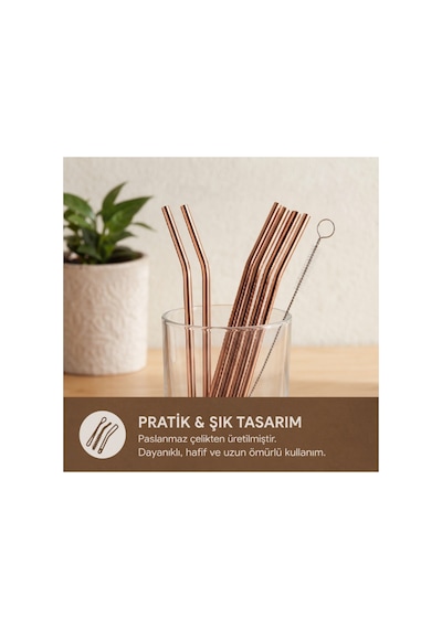 6 Lı Kaşıklı Pipet Seti - Bronz - Pipet Temizleme Fırçası Çok Renkli