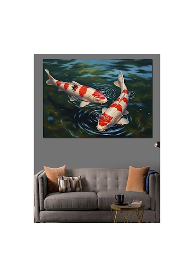 Su İçinde Yüzen Koi Balıkları Yağlı Boya Dokulu Kanvas Tablo Canvas Tablosu