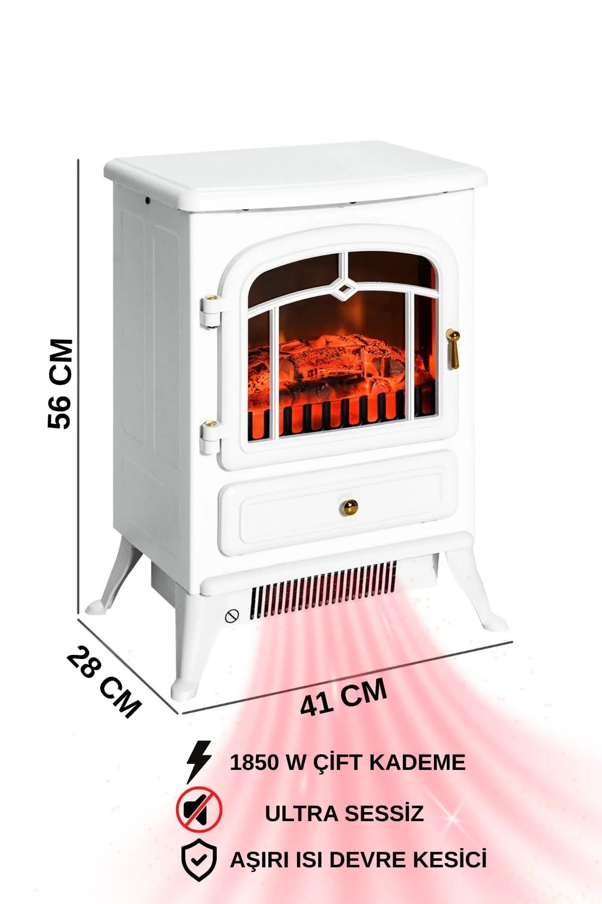 Elektrikli Şömine Beyaz 1850 W Metal Kasa, Fanlı Şömine, Şömine Soba