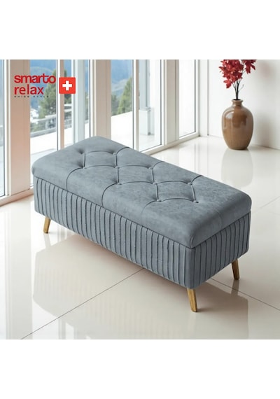 Smarto Relax Swiss Style Puf , Appenzell Kapitonesandıklı Puf, Babyface Kaplama, 100x40x45 Cm, Ahşap Ayaklı ,sandıklı Dekoratif Puf Gri