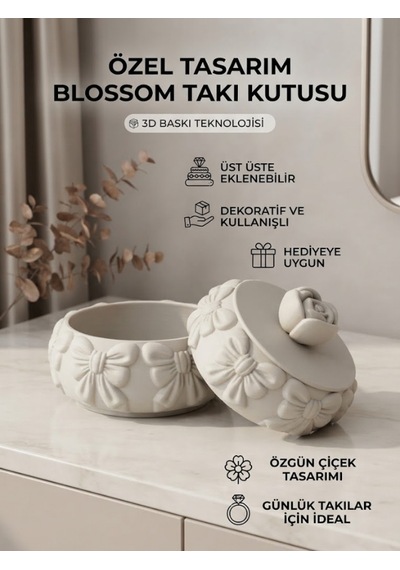 Özel Tasarım Blossom Takı Kutusu Ve Dekoratif Fiyonklu Saklama Kabı Beyaz