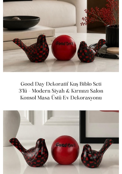 Good Day Dekoratif Kuş Biblo Seti 3 Lü Modern Siyah Kırmızı
