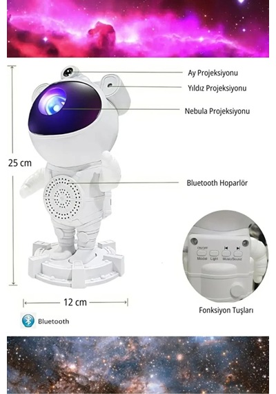 Astronot Bluetooth Hoparlör Bulutsusu Galax Yay Tavan Gökyüzü Projektör Zamanlayıcı Gece Lambası Belirtilmemis
