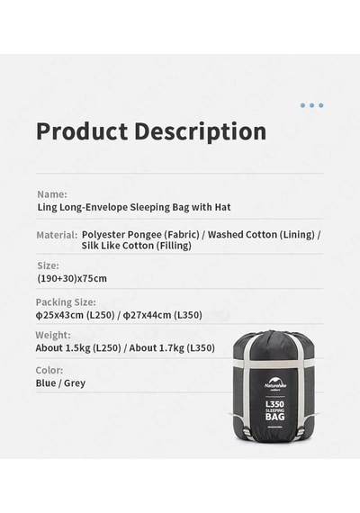 Naturehike L250 Zarf Tarzı Kapüşonlu Uyku Tulumu -10 C Mavi Çok Renkli