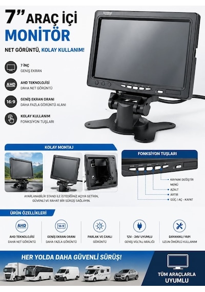 7 İnç Çerçeveli Araç İçi Monitör Tek Ekran 12v 24v Uyumlu