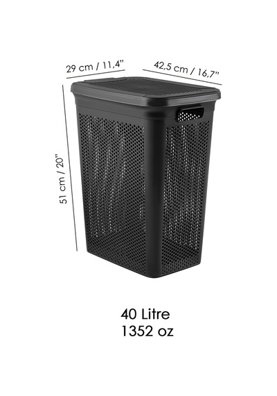 2'li Kirli Çamaşır Sepeti Seti - 40 Litre Kapaklı Delik Detaylı Stash Slim Kirli Sepeti Siyah Siyah