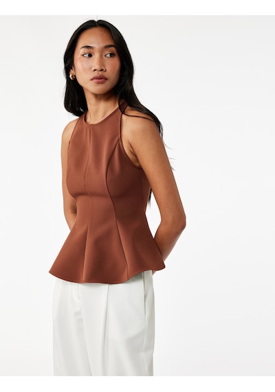 Koton Slim Fit Kolsuz Bisiklet Yaka Peplum Bluz Kahverengi 6wak30003pw Kahve