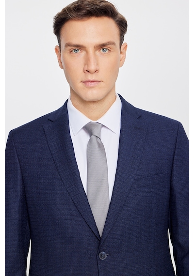 Ac&co Erkek Lacı Mavı Slim Fit Mono Yaka Desenli Çift Pantolonlu Takım Elbise