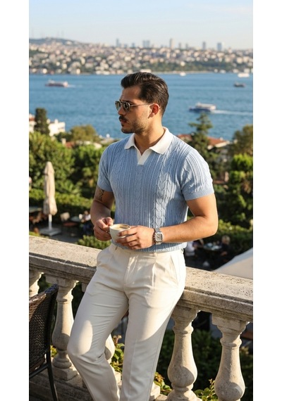 Veraura Lifestyle Erkek Desenli Kısa Kollu Triko Tişört - %100 Pamuk Akrilik Bebe Mavisi