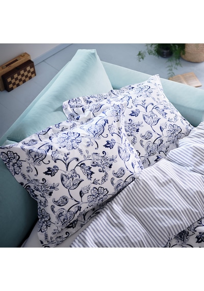 Ikea Junımagnolıa Tek Kişilik Nevresim Seti Yorgan Kılıfı Ve Yastık Kılıfı, 150x200/50x60 Cm Mavi Beyaz