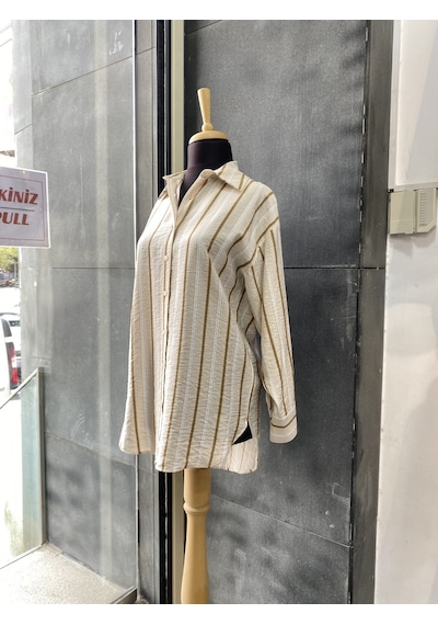 Pera Moda Oversize Çizgili Uzun Kadın Gömleği Taş