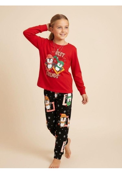 Kız Çocuk Pamuklu Best Friends Penguen Baskılı Pijama Takımı-16822 Kırmızı