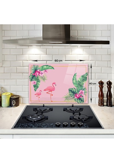 Decorita Tropik Yapraklar&Flamingo|Cam Ocak Arkası | 40cm x 60cm