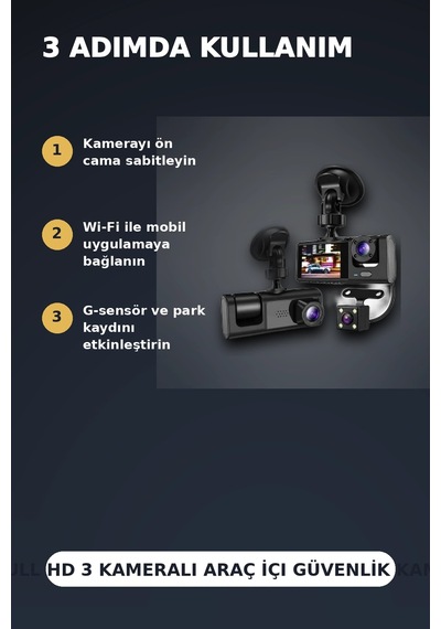1080p Full Hd 3 Kameralı Wi-fi Araç İçi Yol Kayıt Kamerası Seti 170 Derece Park Modlu