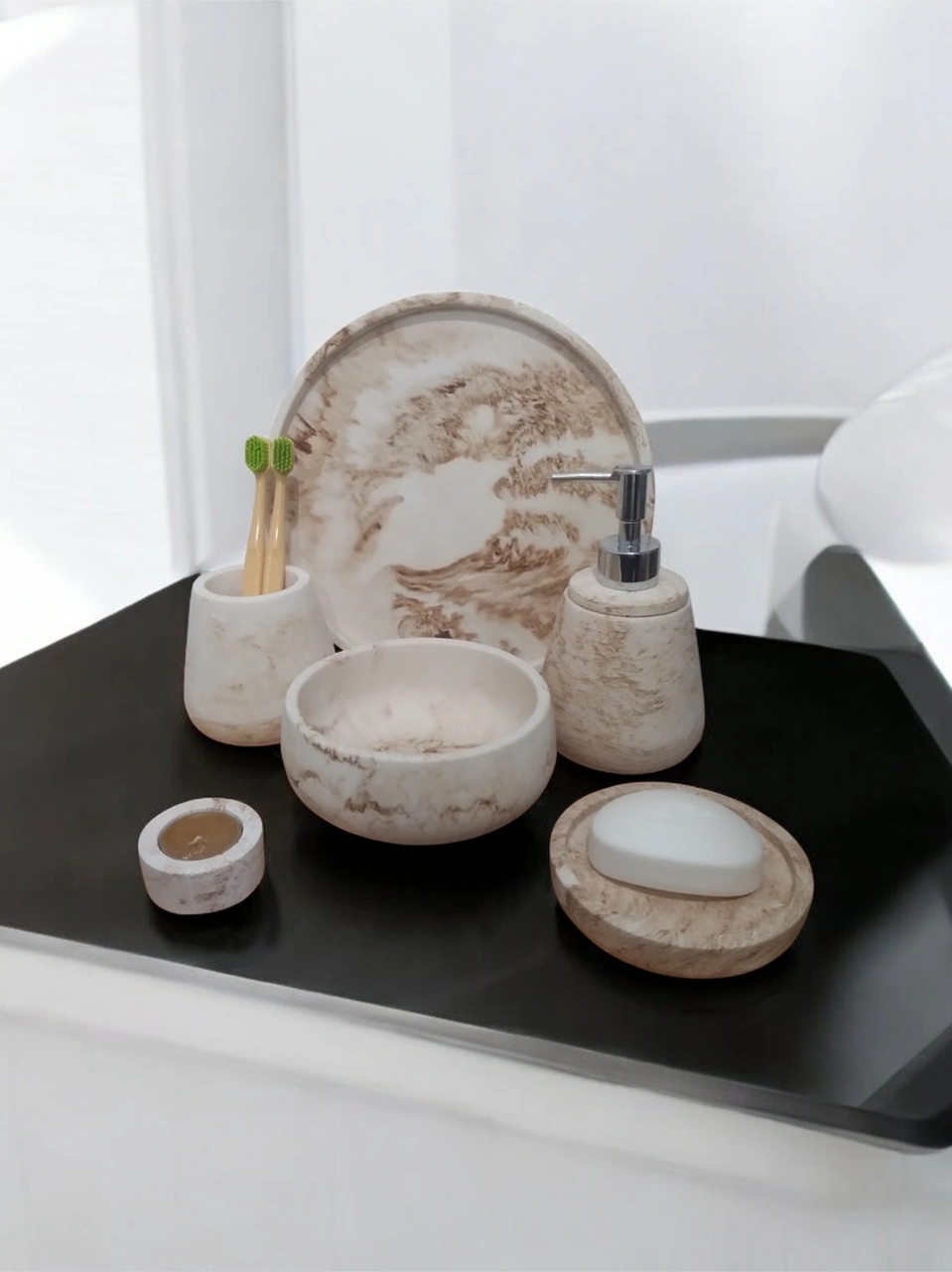 6'lı Mermer Desen Bej Beton Banyo Seti ,sıvı Sabunluk Diş Fırçalığı Aksesuar Takım Bej