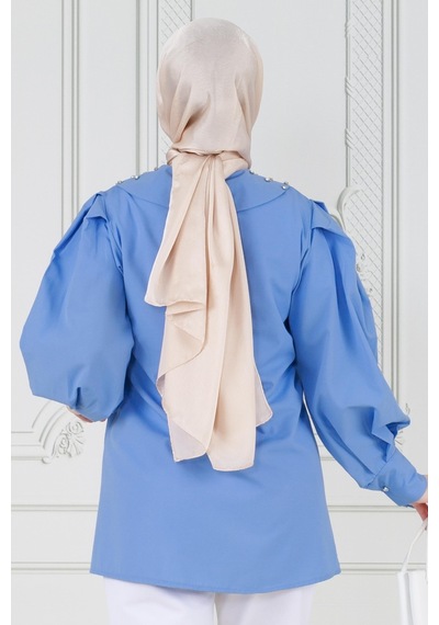 Sevitli Yakası Taş Çakım Tunik-mavi-3645-mavi Mavi