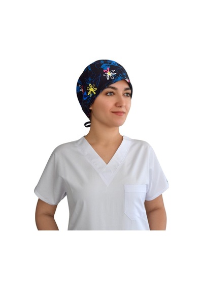 Lacivert Çiçekler Temalı Doktor Hemşire Aşçı Cerrahi Bonesi Gri gri