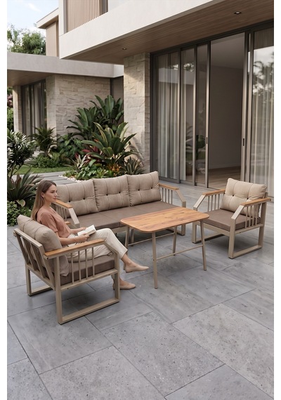 Lavin Serisi 1.sınıf 3+1+1 Bahçe Balkon Oturma Grubu Siyah Metal İskelet Gri Minderli Orta Sehpalı