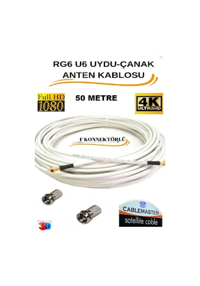 50 Metre Uydu Çanak Anten Kablosu Cm-101 48 Tel Rg6 U4 Bakır Alışımlı 2 Adet Connektör Dahil