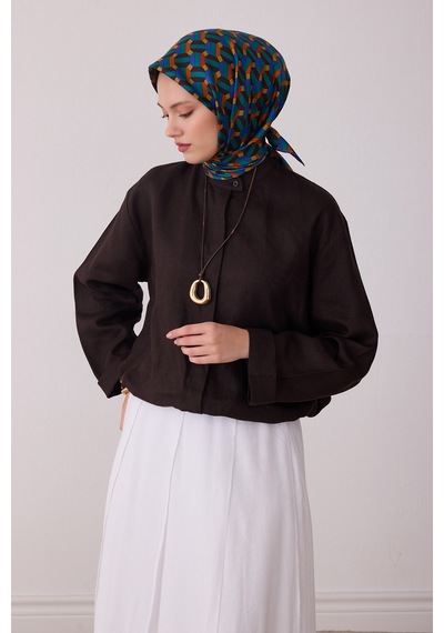 Belli Geometrik Desen %100 Twill İpek Eşarp Be07 Petrol-kahve