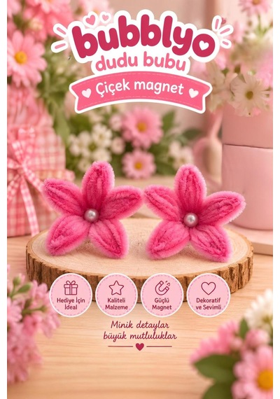Dudu Bubu 2 Li Çiçekli Buzdolabı Magneti Pembe