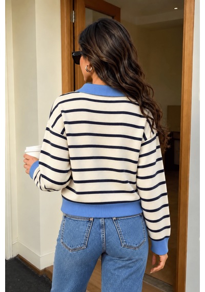 Genius Store Kadın Çizgili Yarım Fermuarlı Polo Yaka Oversize Triko Kazak Yarımfer-triko Mavi