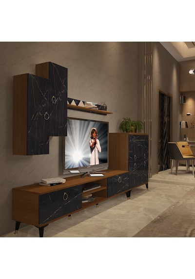 Decoraktiv Eko 6 Mdf Dvd Gold Tv Ünitesi Tv Sehpası Ceviz - Siyah Mermer