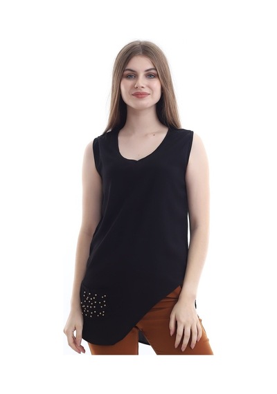 Self Clothing Kadın Siyah V Yaka Cep Ve Yırtmaç Detaylı Bluz Slf1246-Siyah