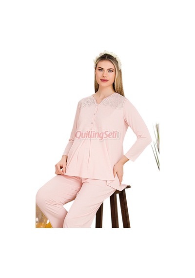 Lady Bebe Pembe Renkli Dantel Detaylı, 33201 Uzun Kol, 2 Parça Lohusa Hamile Pijama Takımı Açık Pembe