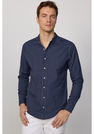 Tudors Slim Fit Uzun Kollu Hakim Yaka Pamuklu Kolay Ütü Çizgili Erkek Lacivert Gömlek-27734 Lacivert