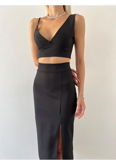 Hgfashion V Yaka Crop Yüksek Bel Yırtmaçlı Midi Etek Duarte Kadın Siyah İkili Takım Siyah
