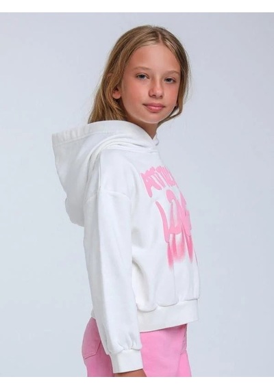 Kız Çocuk Kapüşonlu Love Yazılı Sweatshirt-14315 Beyaz