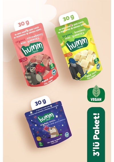 Hummorganic Organik Vegan Puf & Meyveli Mini Küpler Atıştırmalık Paketi - 3 Adet (3 çeşit)
