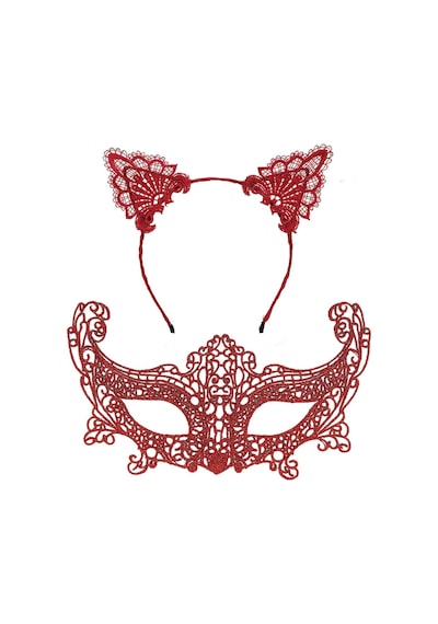 Mey İthalat Romantik Kırmızı Dantel Maske Seti Kedi Kulaklı Taç Ve Maske 3 No