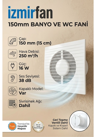 Refined 150 Bd 15 Cm Kapaklı Banyo Wc Aspiratör Havalandırma Fanı Sessiz