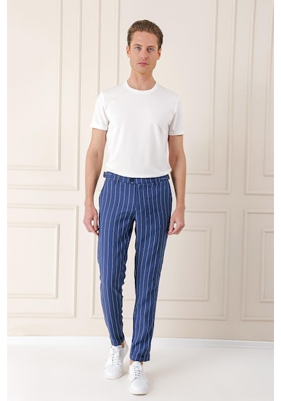 Efor Comfort Fit Yandan Tokalı Çizgili Keten Casual İndigo Pantolon P 1151 İndigo