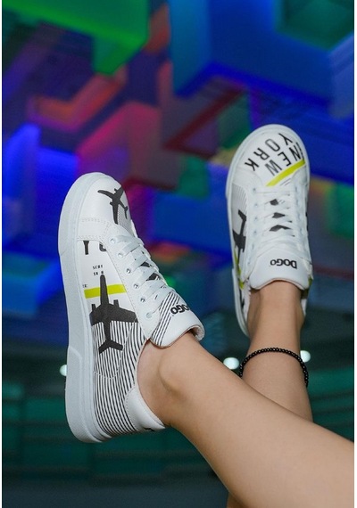 Kadın Vegan Deri Beyaz Sneakers - New York Ticket Tasarım Çok Renkli
