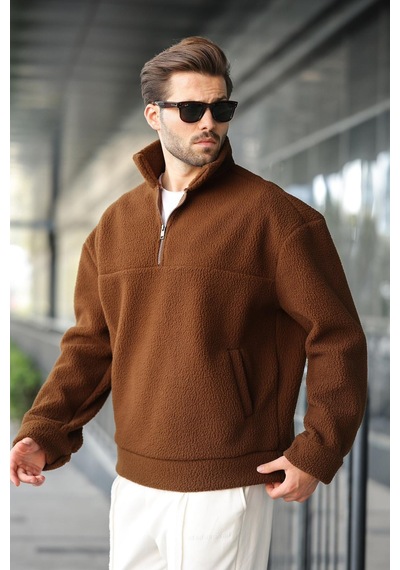 Madmext Kahverengi Yarım Fermuarlı Dik Yaka Polar Sweatshirt E7165 Kahverengi