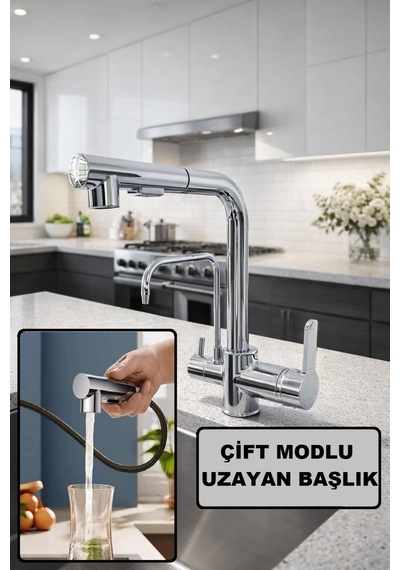 Rena Design Krom Aritmali Spiralli 2 Modlu Başlik L Boru Mutfak Evye Bataryasi Gümüş Prinç Armatür Musluk