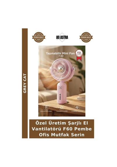 Özel Üretim Şarjlı El Vantilatörü F60 Pembe Ofis Mutfak Serin