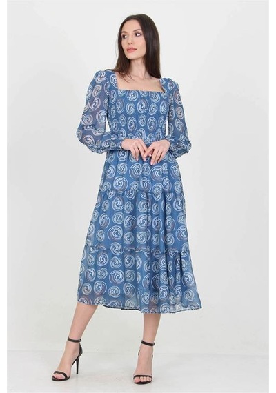 Neşeli Butik Kadın İndigo Gipeli Kare Yaka Desenli Şifon Elbise Nb100361 Indigo