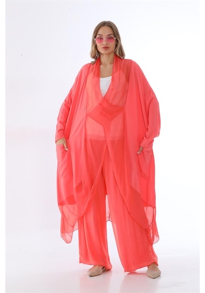 Bohem Stil Italyan Ipek Detaylı Oversize Kap Bluz- Wes Pantolon Takım-8789 Görsel