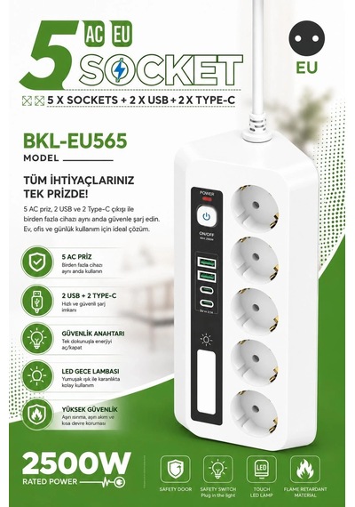5 Li Akım Korumalı Priz 2500w 2 Usb + 2 Type-c Hızlı Şarj Led Gece Lambalı Dokunmatik Beyaz 0-2