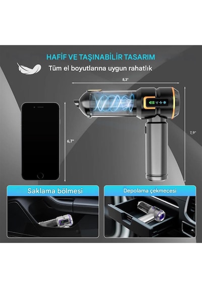 Kablosuz Araç İçi Süpürge 20.000pa Basınçlı Üfleme Ve Çekme Süpürgesi 12 Parçalı Temizleme Seti